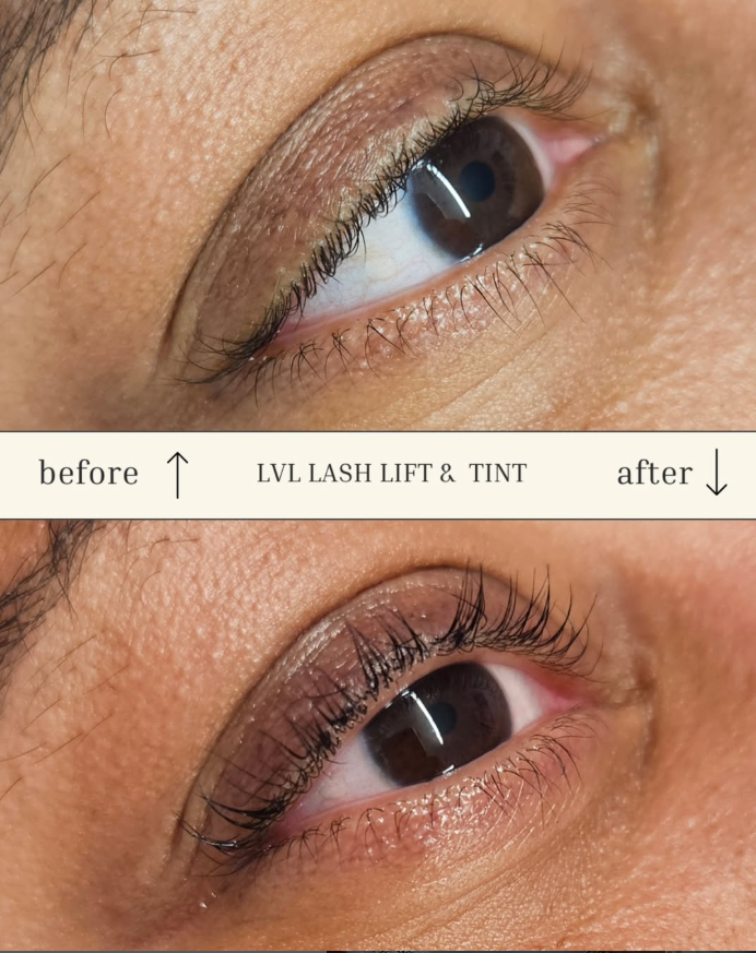Before and after LVL lash lift and tint result at Kat's Beauty