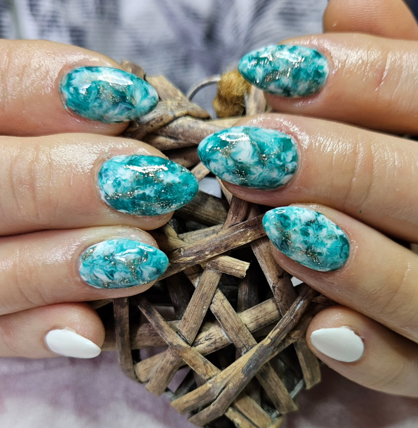 Turquoise statement nail art manicure at Kat's Beauty
