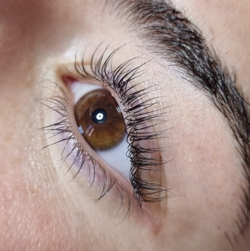 Close-up of lifted and tinted eyelashes at Kat's Beauty